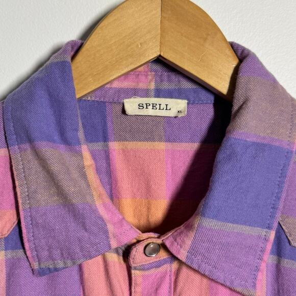 Spell And The Gypsy Flannel Top Women XL Pink Purple Western Pearl Snap Boho Top - Picture 6 of 9